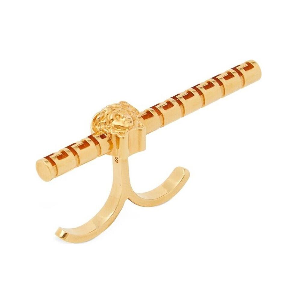 NIB Versace Double Ring Size XL Medusa Greca Engraved Gold Tone $450